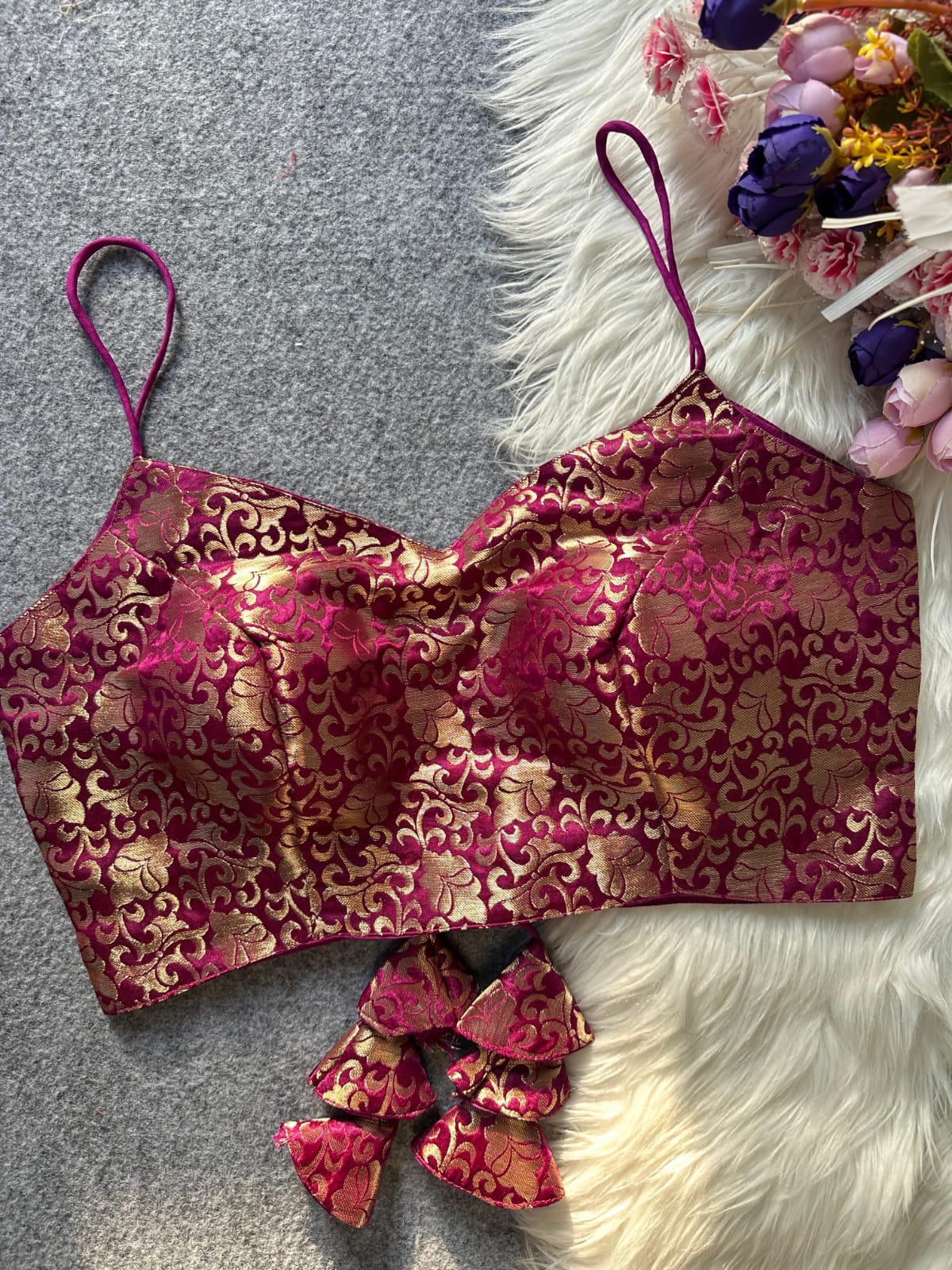 Pure Jacquard Silk Partywear Blouse-Sleeve less-Maroon